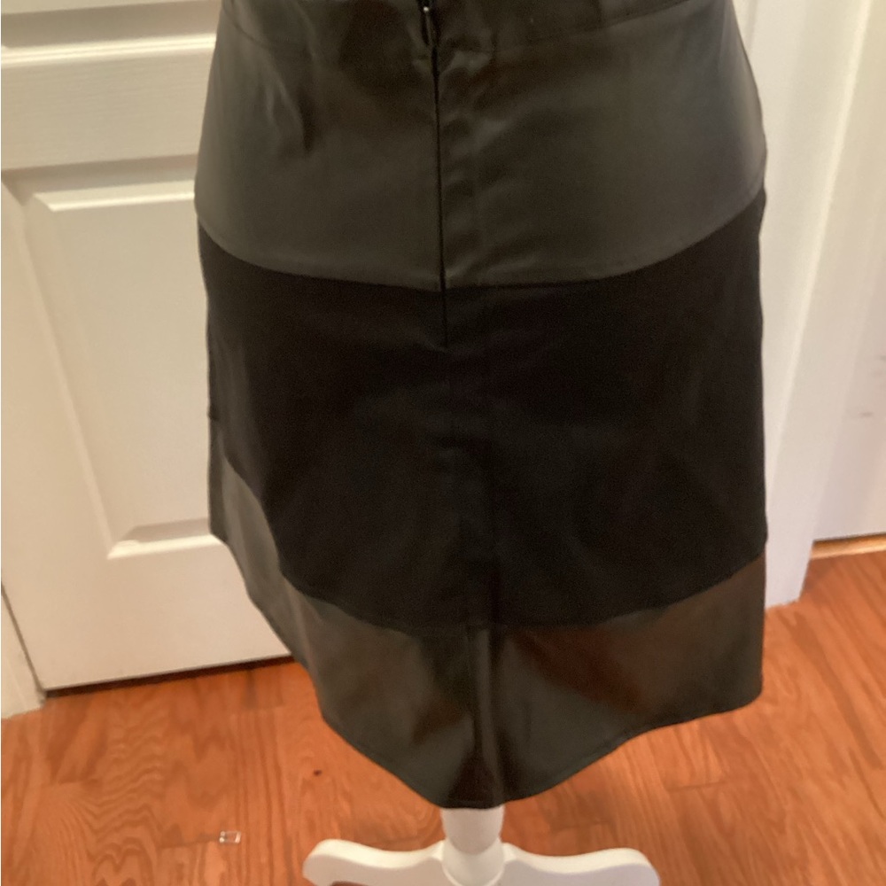 Black Faux Leather Paneled A-Line Skirt Above Knee - Picture 2 of 3